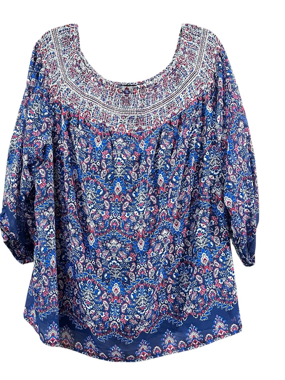 Alyx Women’s 1X Boho Peasant Blouse Blue Red Paisley Smocked Off Shoulder NWT - Picture 2 of 15
